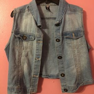 A short, short-sleeve jean jacket